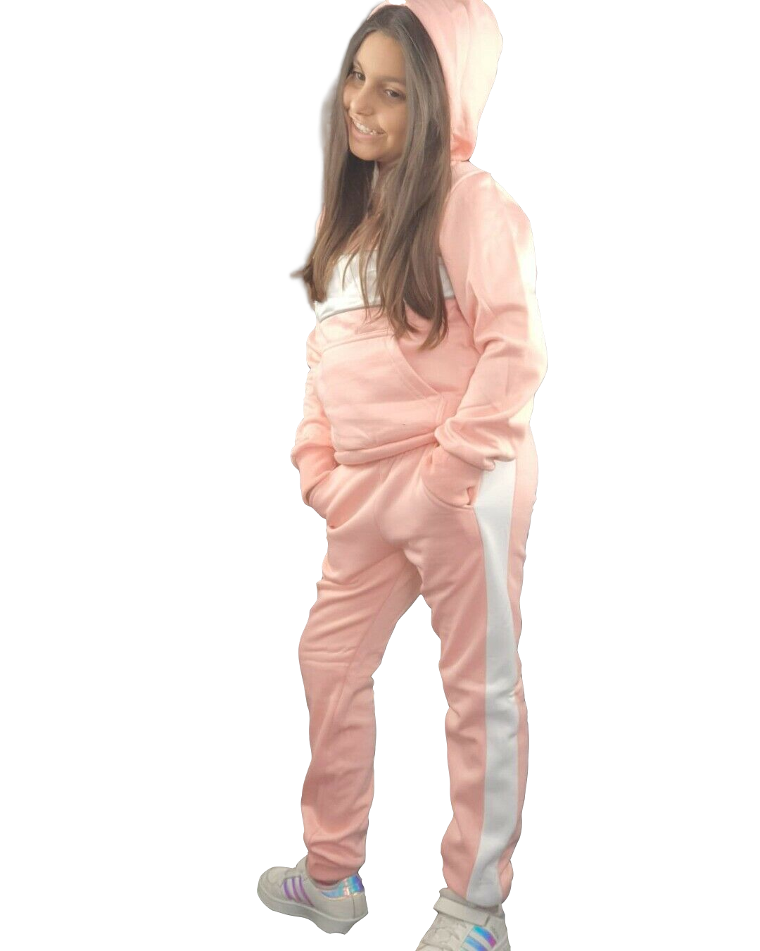 TUTA BAMBINA MODELLO ADIDAS CON POLSINI CON CAPPUCCIO INVERNALE FELPATA  ROSA - CriVanni