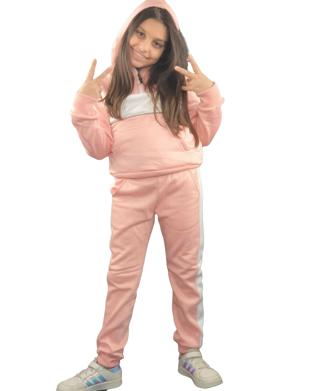 TUTA BAMBINA MODELLO ADIDAS CON POLSINI CON CAPPUCCIO INVERNALE FELPATA  ROSA - CriVanni